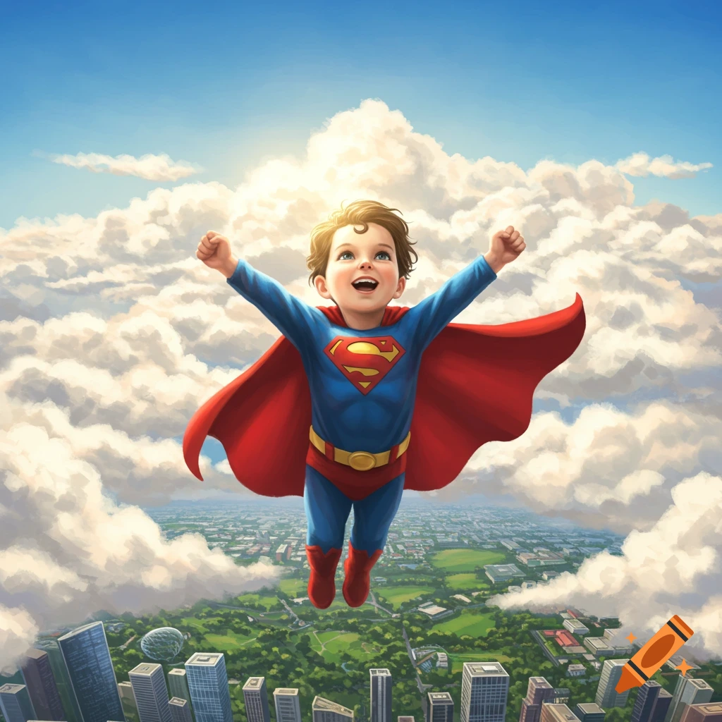 A young boy dressed as Superman flies joyfully over a city with arms outstretched, against a bright blue sky with white clouds.