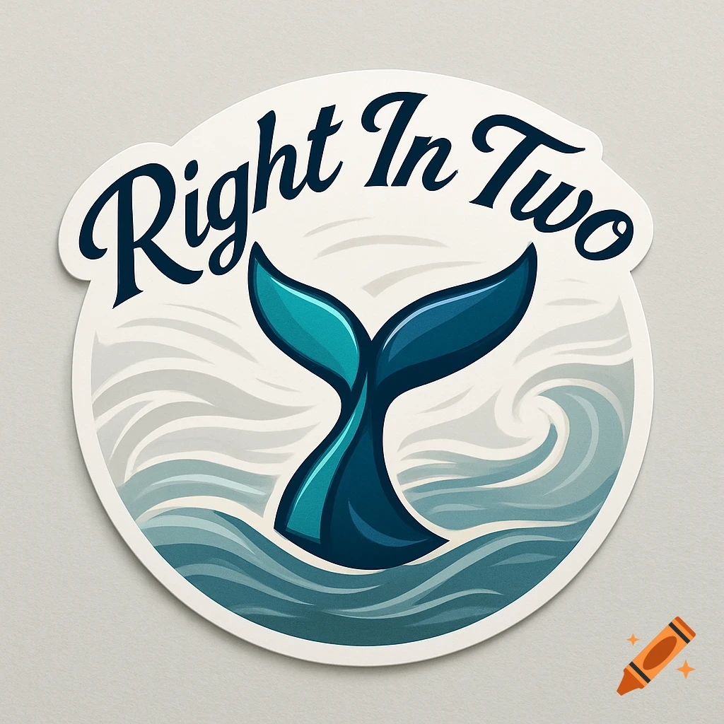 A circular sticker featuring a blue whale tail in stylized waves with the text 'Right In Two' above it.