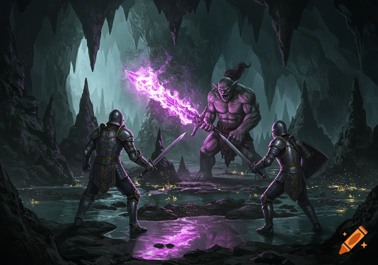 Two armored knights battle a massive troll wielding a glowing purple sword in a dark, cavernous setting with reflective water.