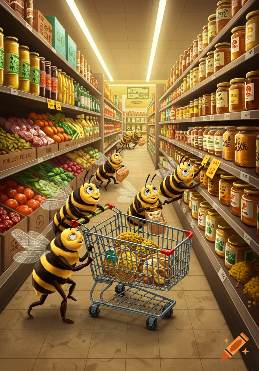Cartoon bees push a shopping cart filled with honey down a supermarket aisle, past shelves of food.