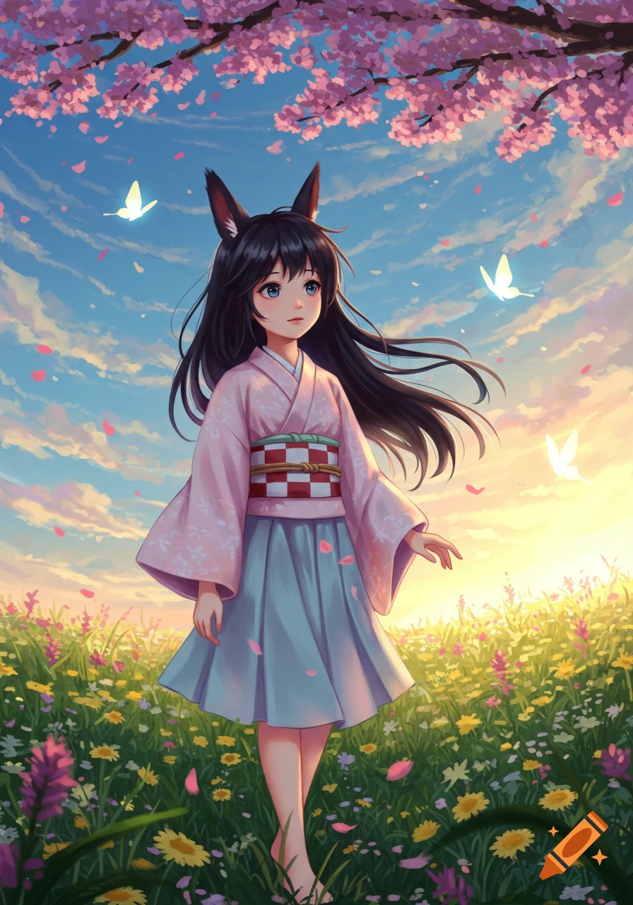 Anime girl with animal ears in a pink kimono stands barefoot in a wildflower field under cherry blossoms with glowing butterflies.