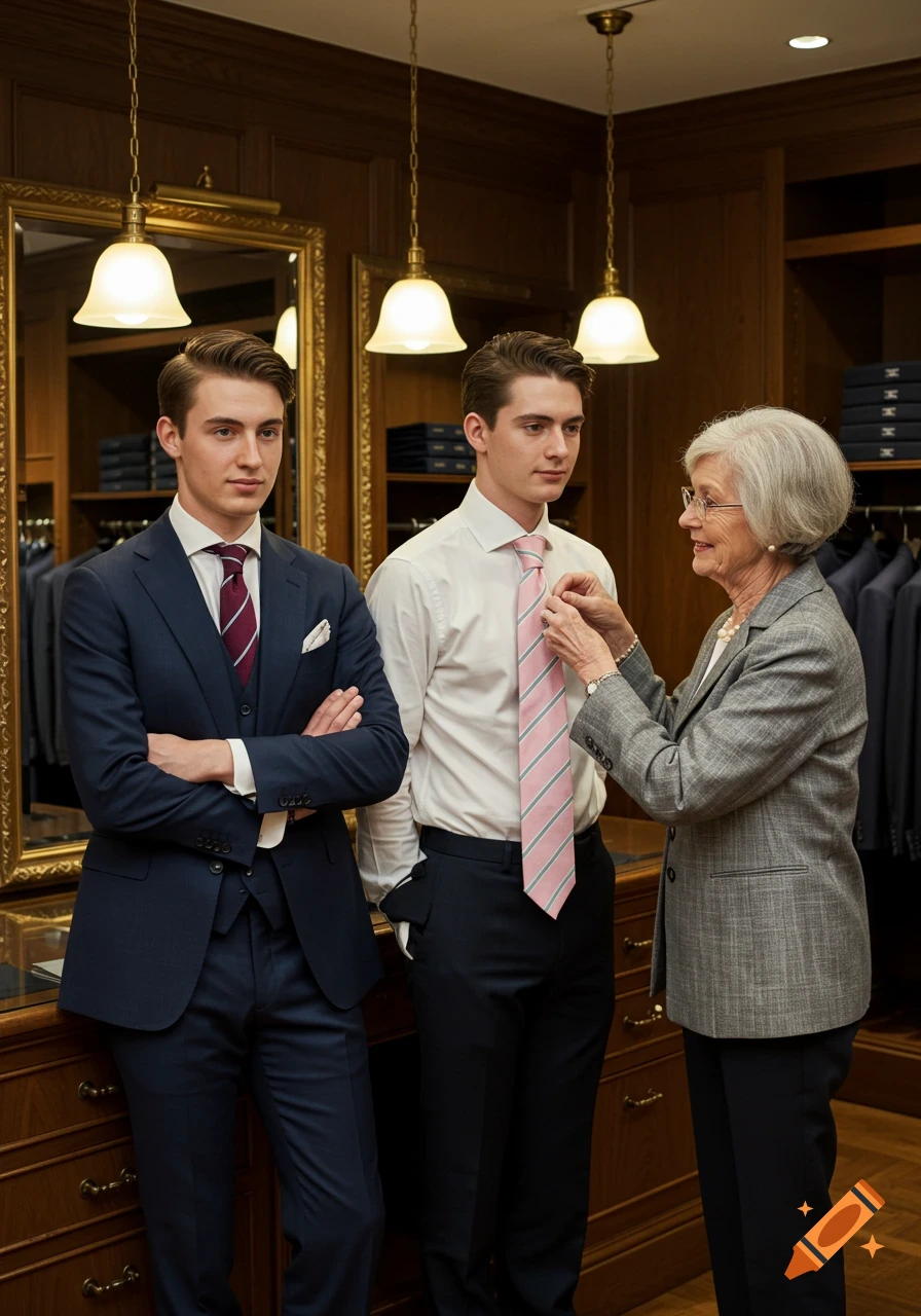 An older woman adjusts a pink striped tie on a young man in a white shirt, while another young man in a blue suit stands beside him in a suit shop.
