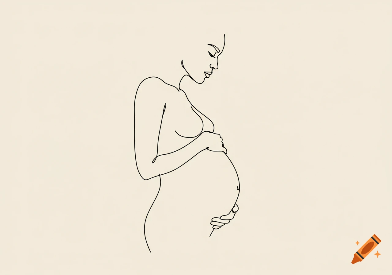 Minimalist line art drawing of a pregnant woman with her hands on her belly, in profile against a light background.