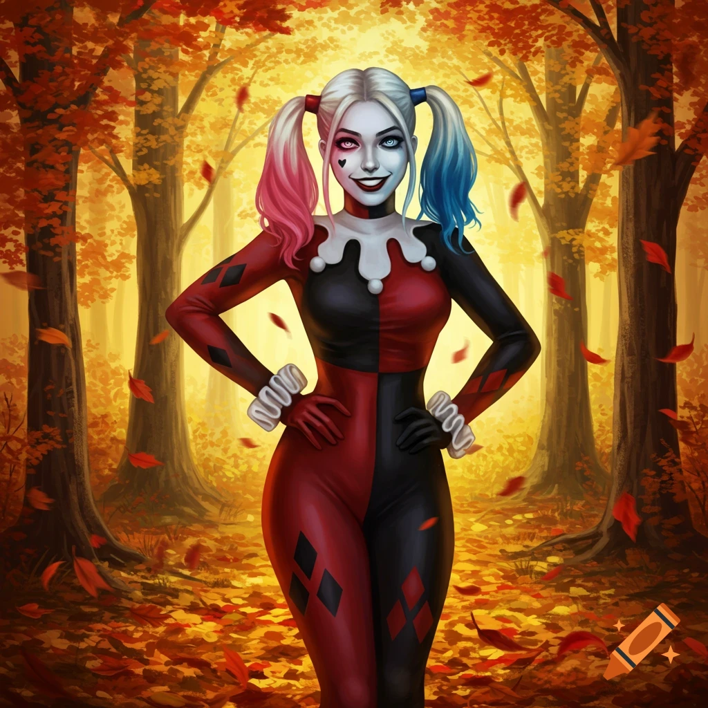 Stylized illustration of Harley Quinn in a red and black jester suit, smiling with hands on hips in an autumn forest with falling leaves.