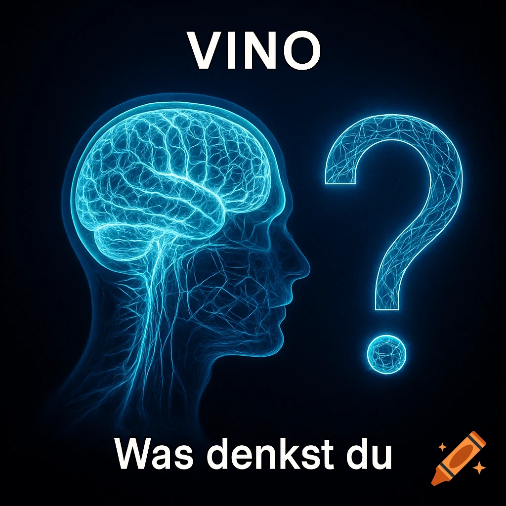 A glowing blue X-ray-like human head showing a brain, next to a glowing blue question mark, with "VINO" and "Was denkst du" text.
