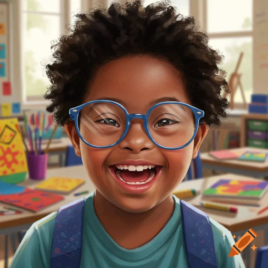 A young boy with curly black hair and blue glasses laughs brightly in a colorful classroom.