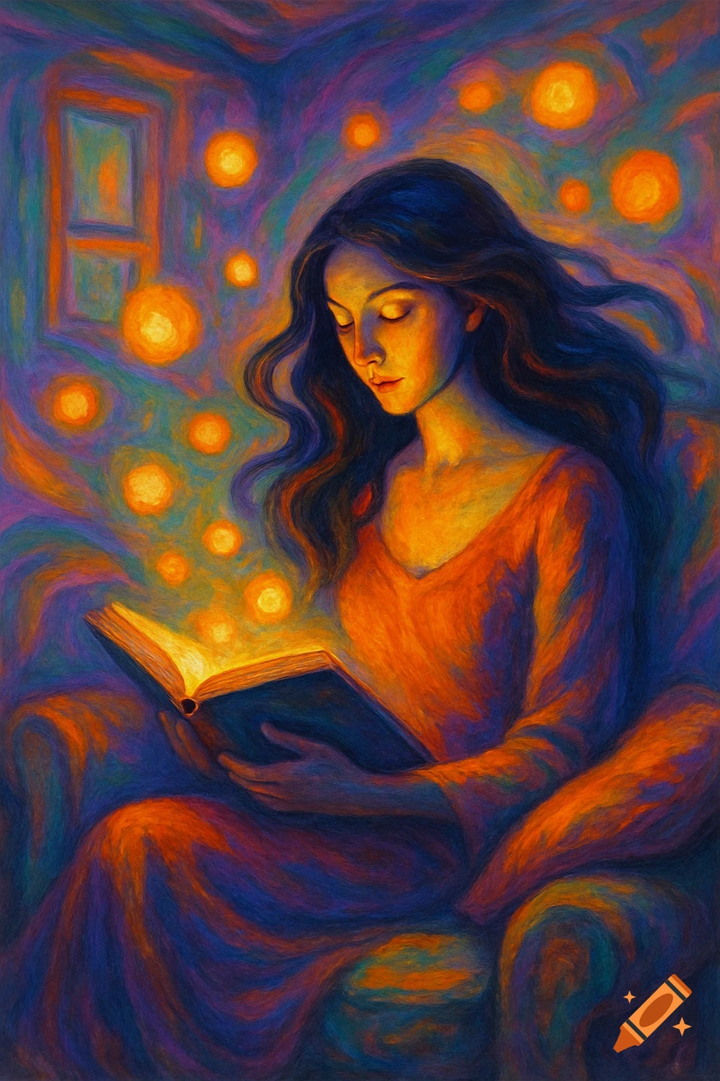 Surrealist painting of a woman with long hair reading a glowing book, surrounded by warm, swirling colors and light orbs.