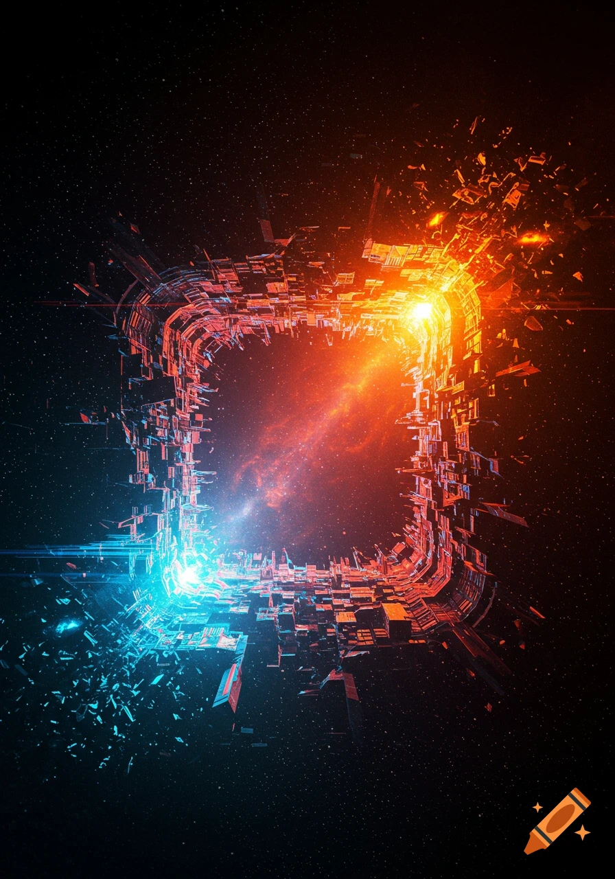 An abstract, glowing cosmic portal or structure, fragmented in blue and orange against a starry nebula background.