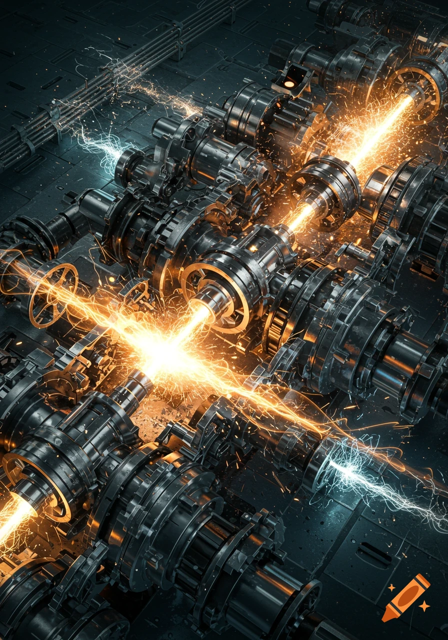 Close-up of industrial machinery with gears and shafts, emitting bright orange sparks and blue electrical energy.