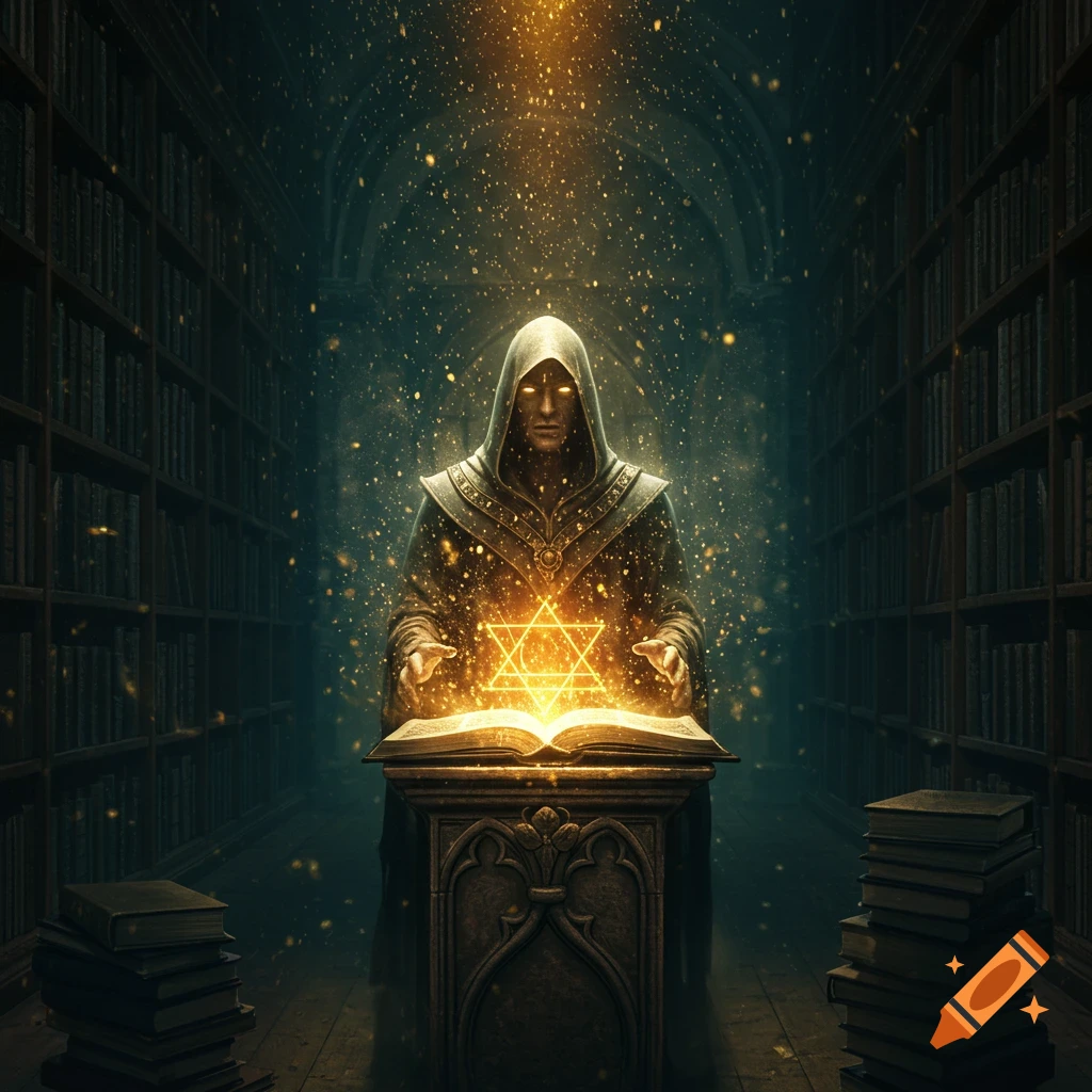 A dark, mystical library with a hooded figure conjuring a glowing hexagram above an open book on a stone lectern, surrounded by golden dust.