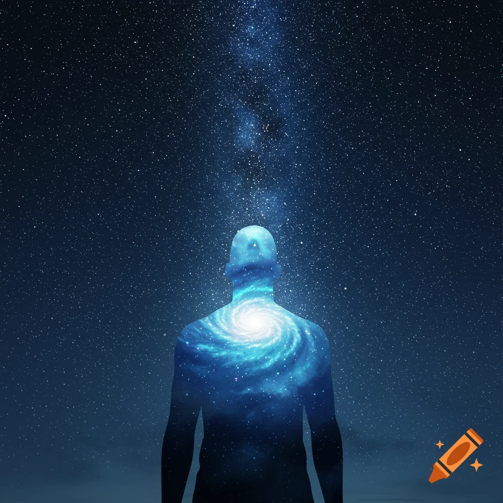 A human silhouette filled with a swirling blue galaxy and stars, standing against a dark starry night sky.