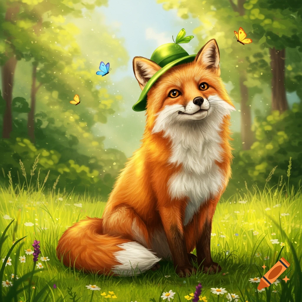 A cute orange fox wearing a green hat sits in a sunny meadow with butterflies and green trees.