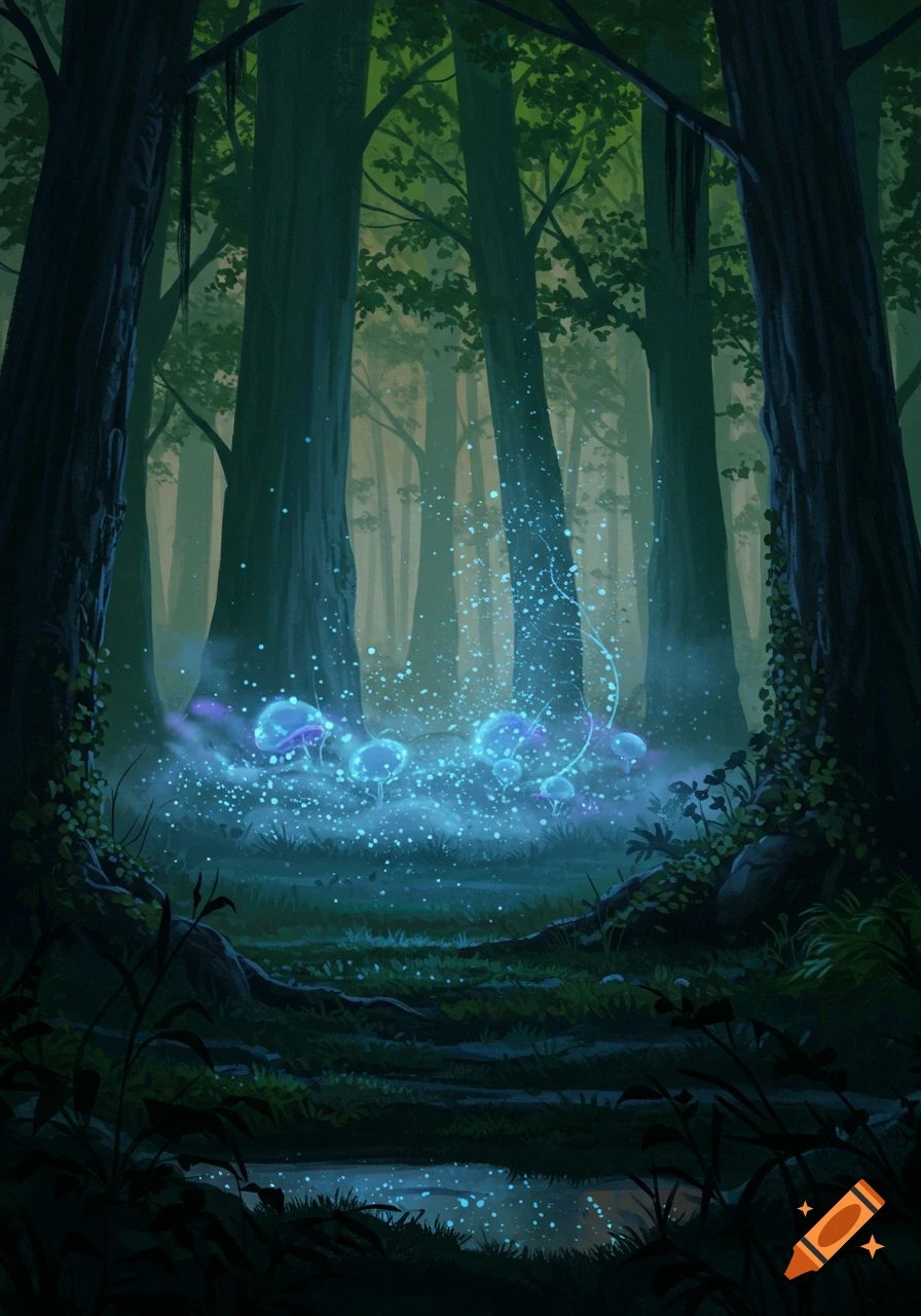 Dark, ethereal forest with bioluminescent blue and purple mushrooms and glowing spores illuminating the ground.