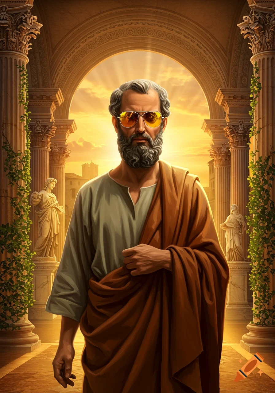 A bearded man in robes and aviator sunglasses stands under a classical archway with columns at sunset.
