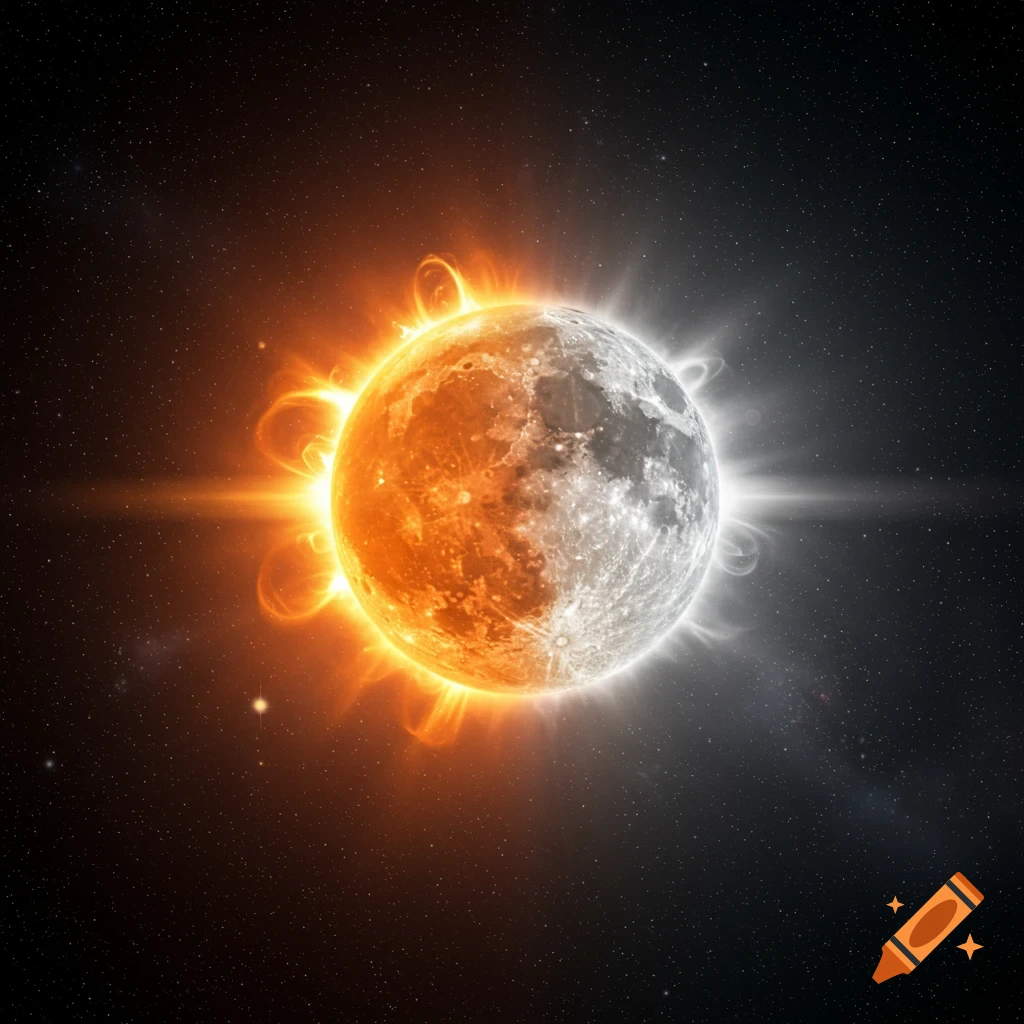 A stylized celestial body, half glowing orange like the sun with flares and half gray and cratered like the moon, against a starry space background.