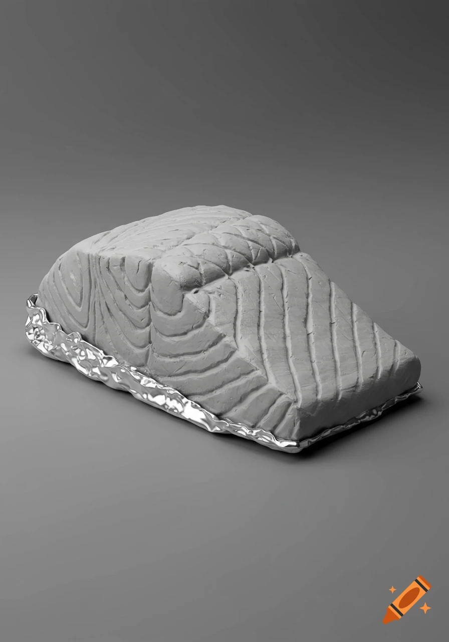 A monochrome grey clay sculpture of a salmon fillet resting on a crumpled piece of aluminum foil.