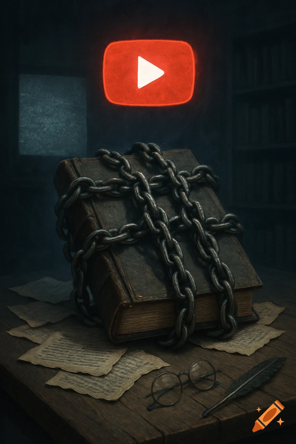A chained, old book on a wooden desk with a quill, glasses, and papers, under a glowing red YouTube logo in a dark room.
