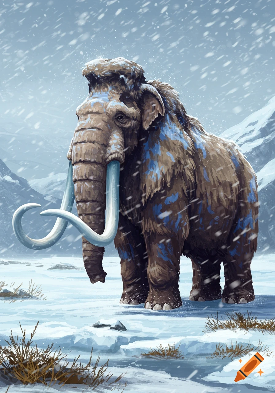 A brown woolly mammoth with blue camouflage markings stands in a snowy mountain landscape with falling snow, in an illustrated style.