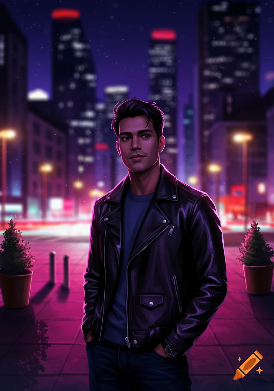 A stylized illustration of a cool man in a leather jacket standing in a neon-lit city street at night.
