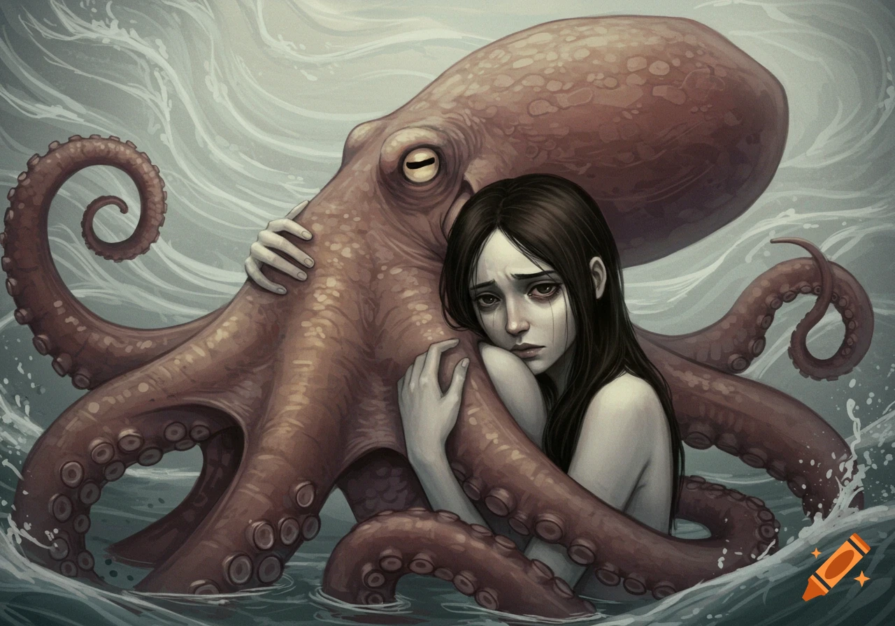 A muted illustration of a sad woman with long dark hair embracing a large brown octopus in grey, wavy water.