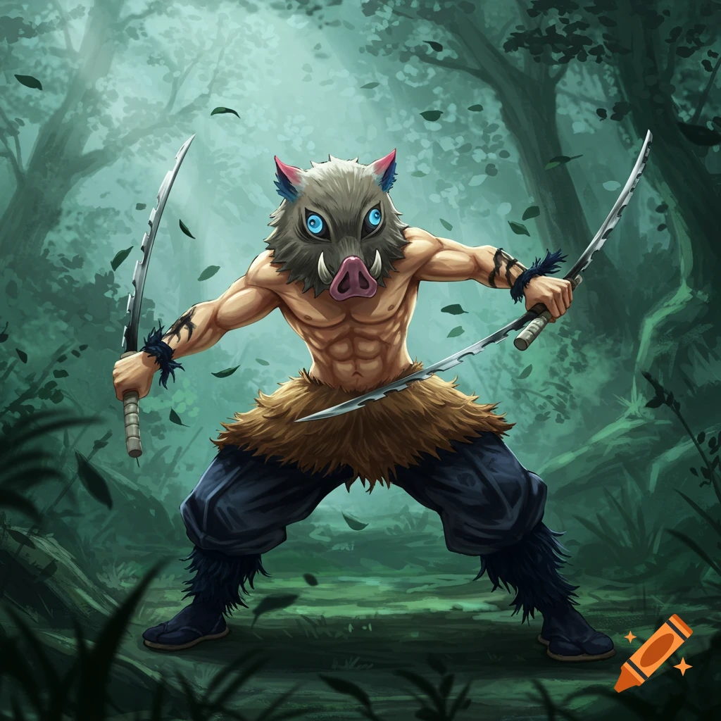Muscular character in a boar mask, fur skirt, and pants, wielding two serrated swords in a dark forest, anime style.