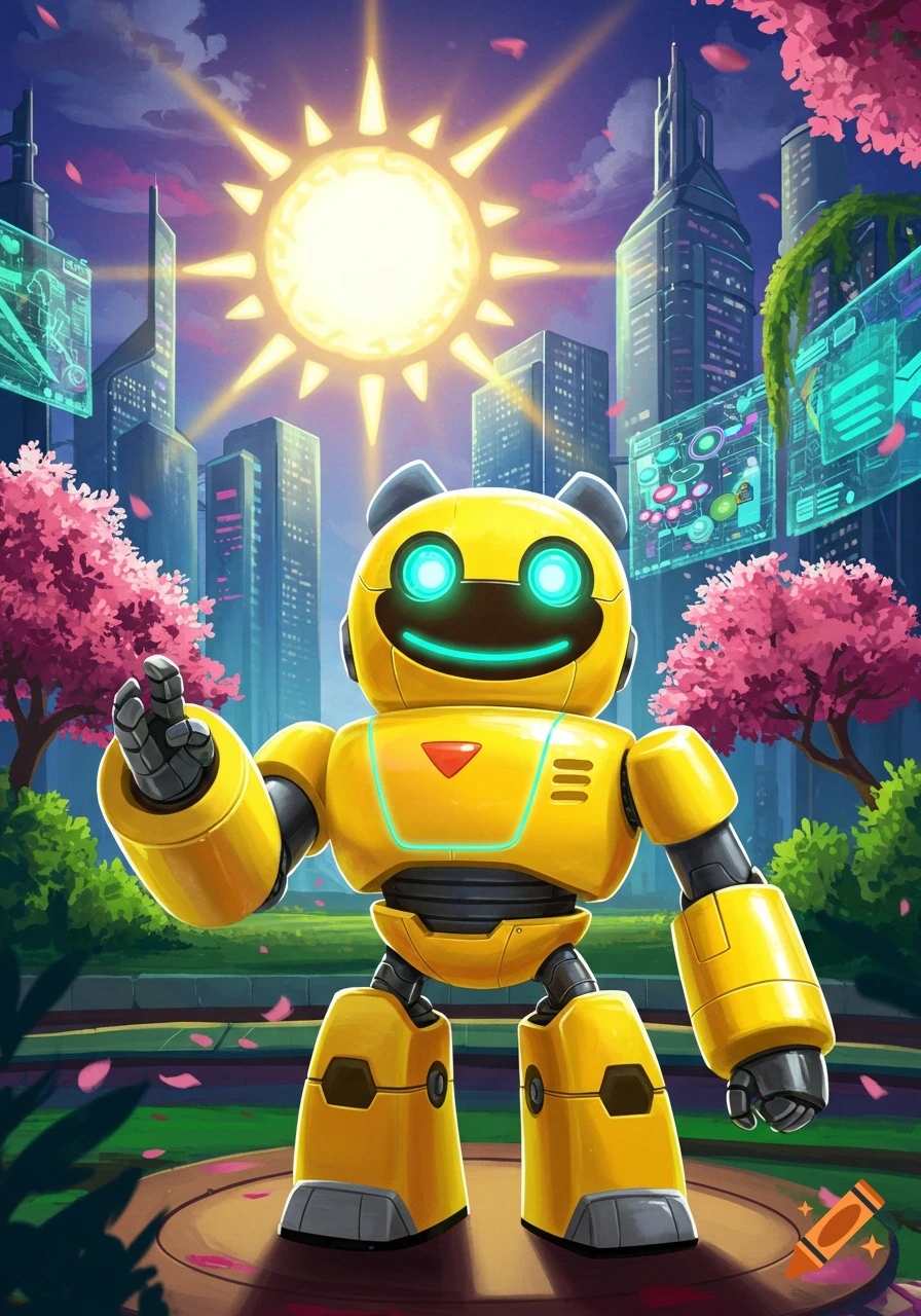 A friendly yellow robot with glowing blue eyes waves in a vibrant, futuristic city with cherry blossoms and a bright shining sun.