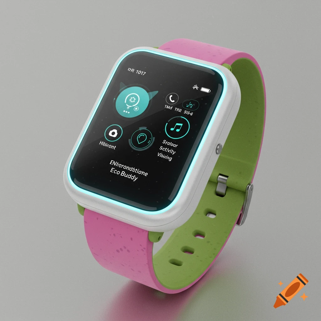 A futuristic smartwatch with a pink and green band, featuring a glowing teal screen displaying icons and gibberish text.