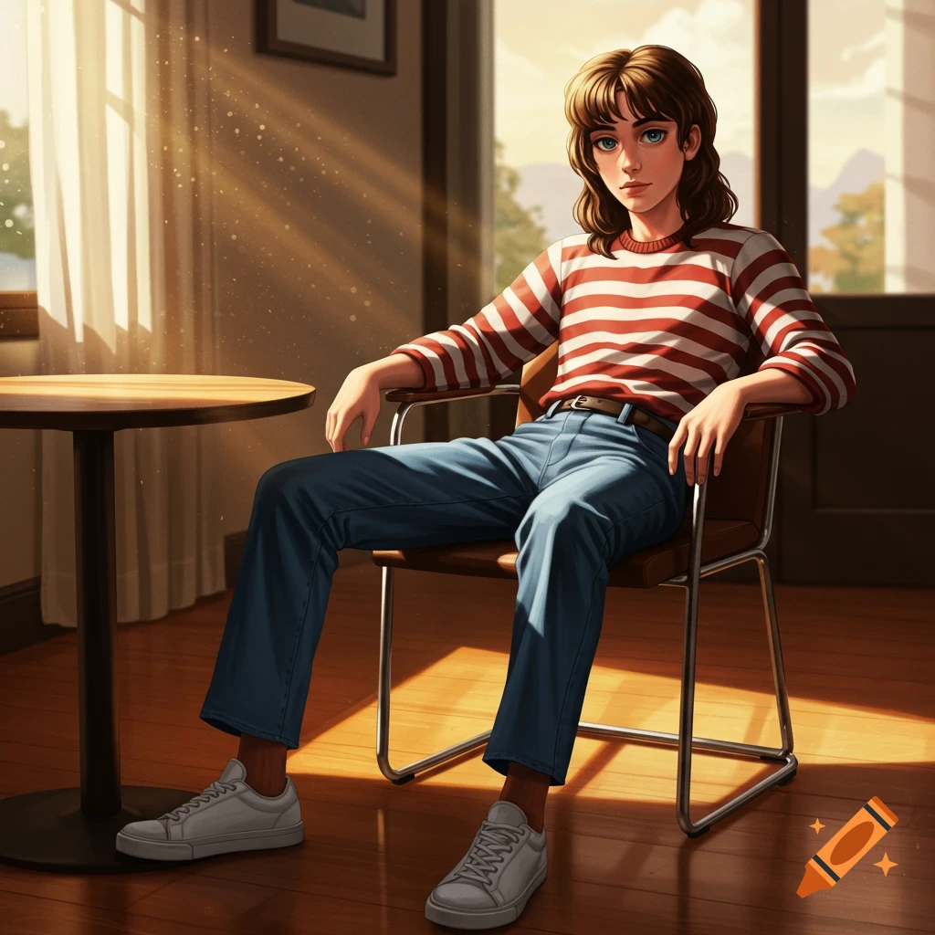 An anime-style person with a brown mullet, red and white striped shirt, blue jeans, and white shoes sits in a chair bathed in sunlight.