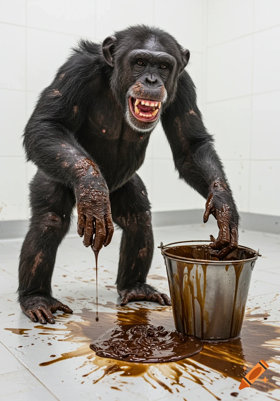 A photorealistic image of a ferocious chimpanzee, covered in and spilling a thick brown substance from a bucket onto a white tiled floor.