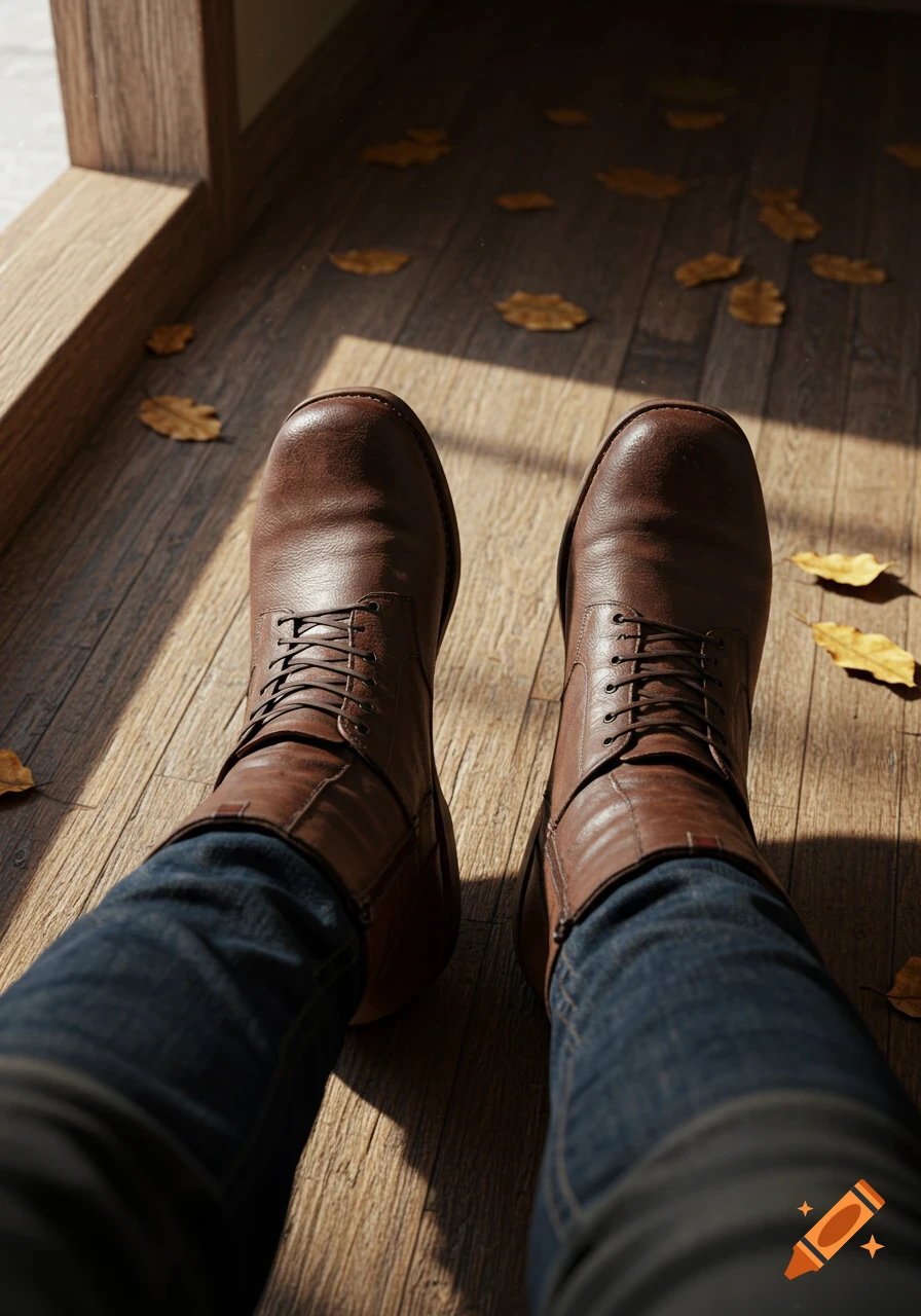 A person's feet in brown leather boots and blue jeans rest on a sunlit wooden floor scattered with autumn leaves, viewed from above.