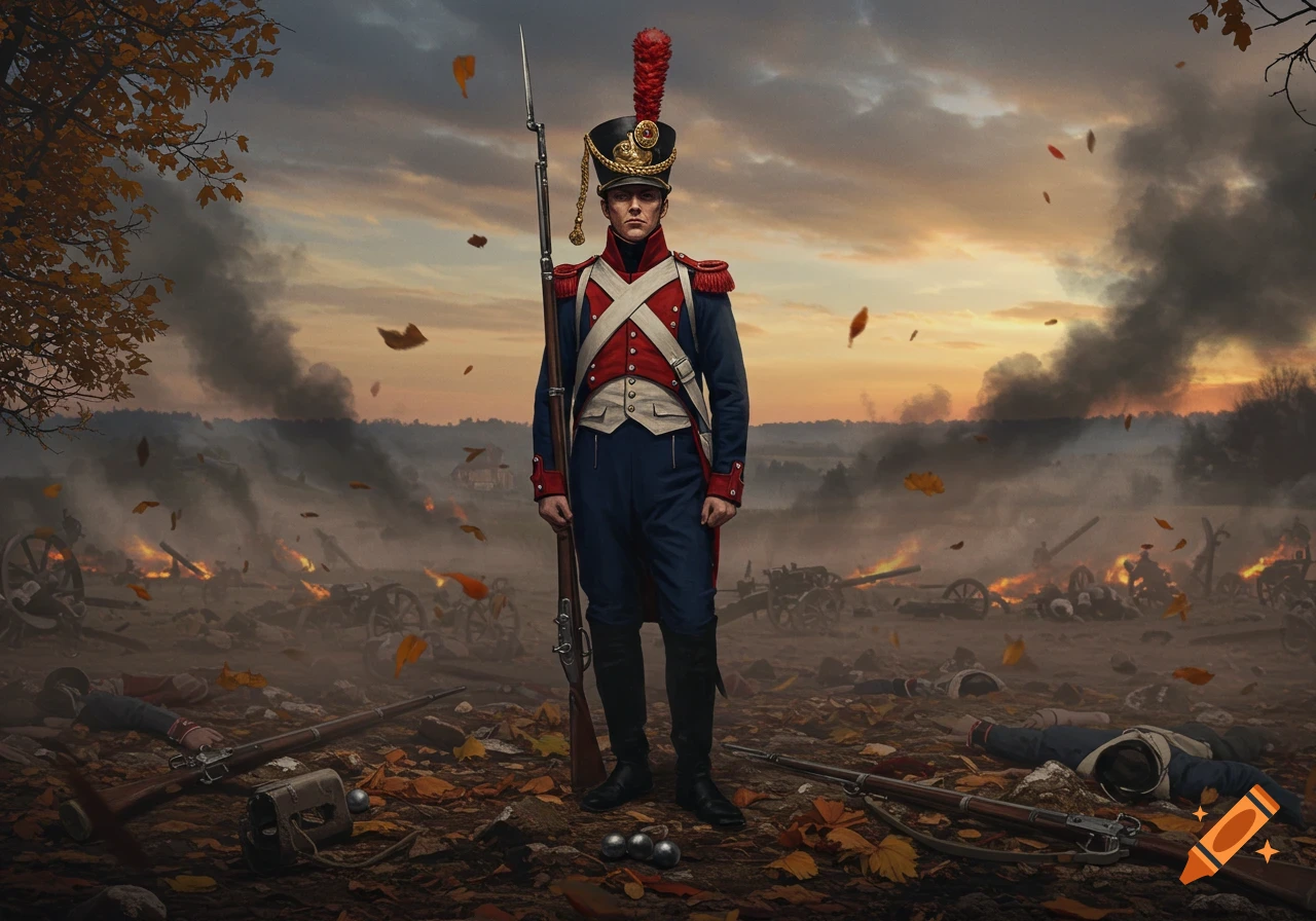 A French soldier in uniform stands on a smoky, autumn battlefield scattered with dead soldiers and cannons at sunset.