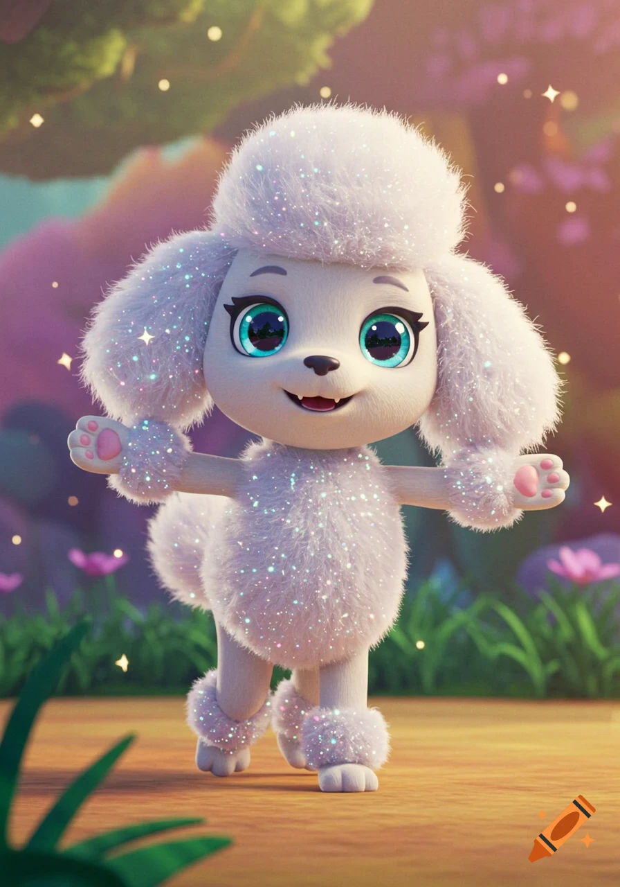 A cute, fluffy white poodle with glittery fur and big blue eyes stands in a magical 3D cartoon garden, sparkling all over.