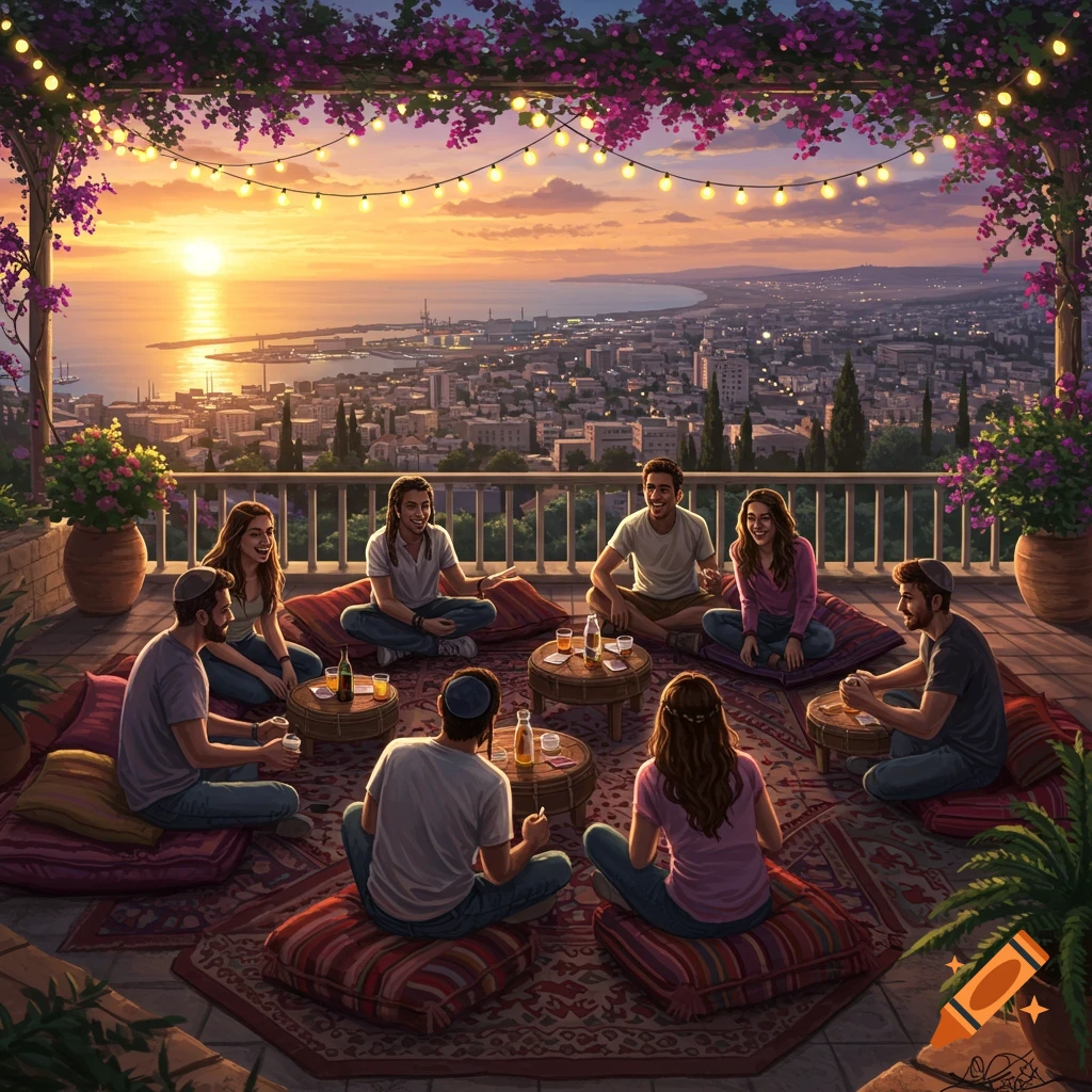 A group of friends relax on a vibrant rooftop patio overlooking the city of Haifa and the sea at sunset, surrounded by flowers and string lights.