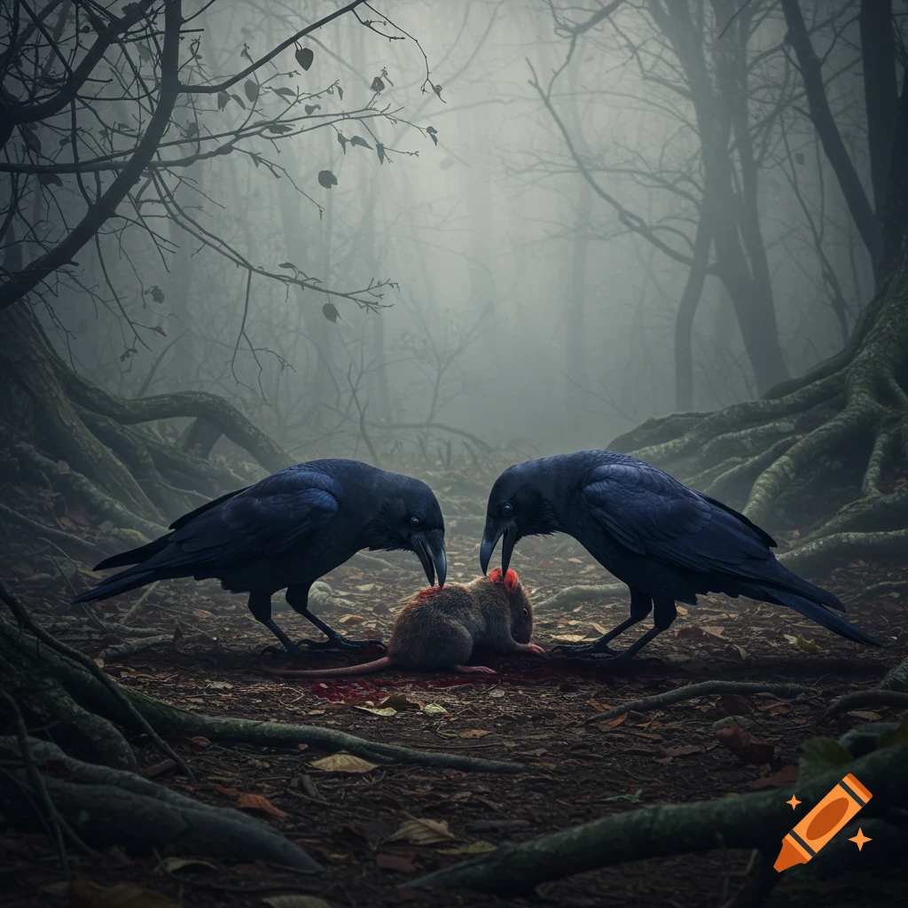 Two black crows peck at a deceased rat on the ground with blood, in a dark, misty forest with gnarled tree roots.
