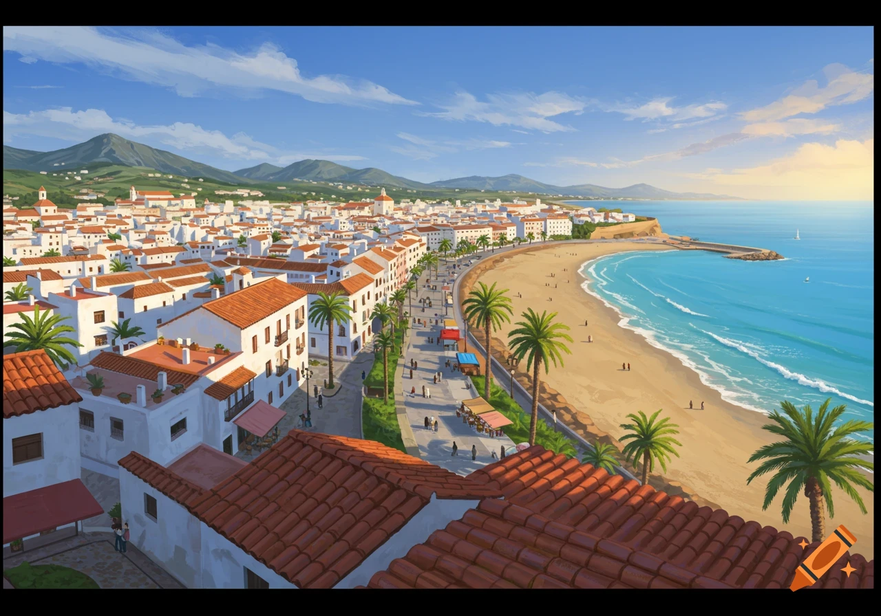An elevated, stylized view of a coastal city with white buildings and red roofs, a sandy beach, turquoise sea, and green mountains.