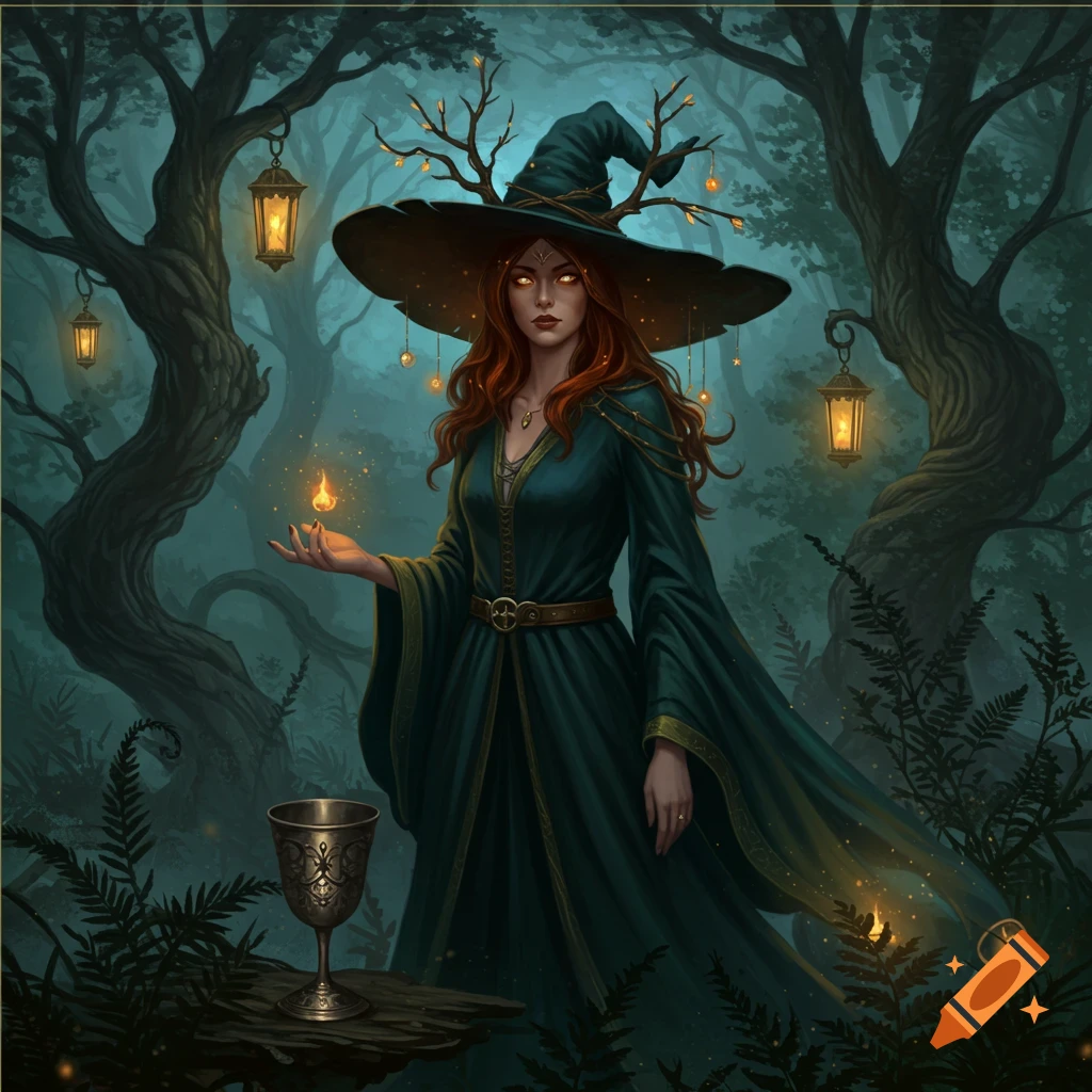 A red-haired witch in a green dress and antlered hat holds a floating flame in a dark, misty fantasy forest.