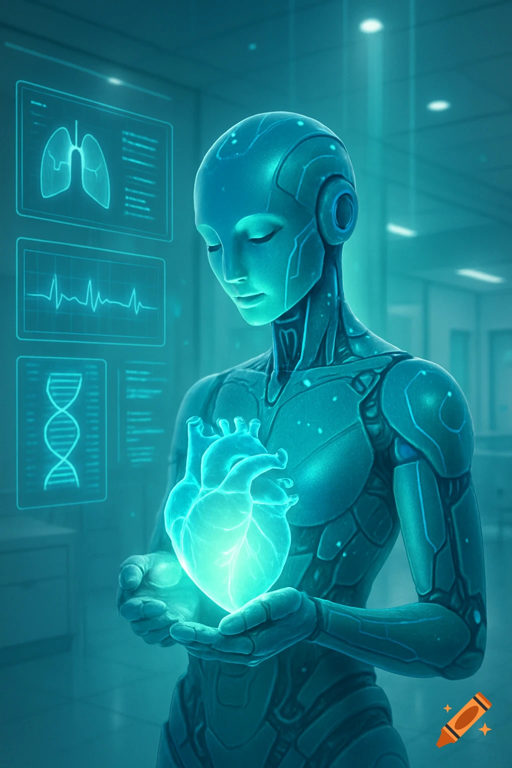 Teal humanoid robot holds a glowing heart, surrounded by holographic medical displays and data, in a futuristic, sterile setting.