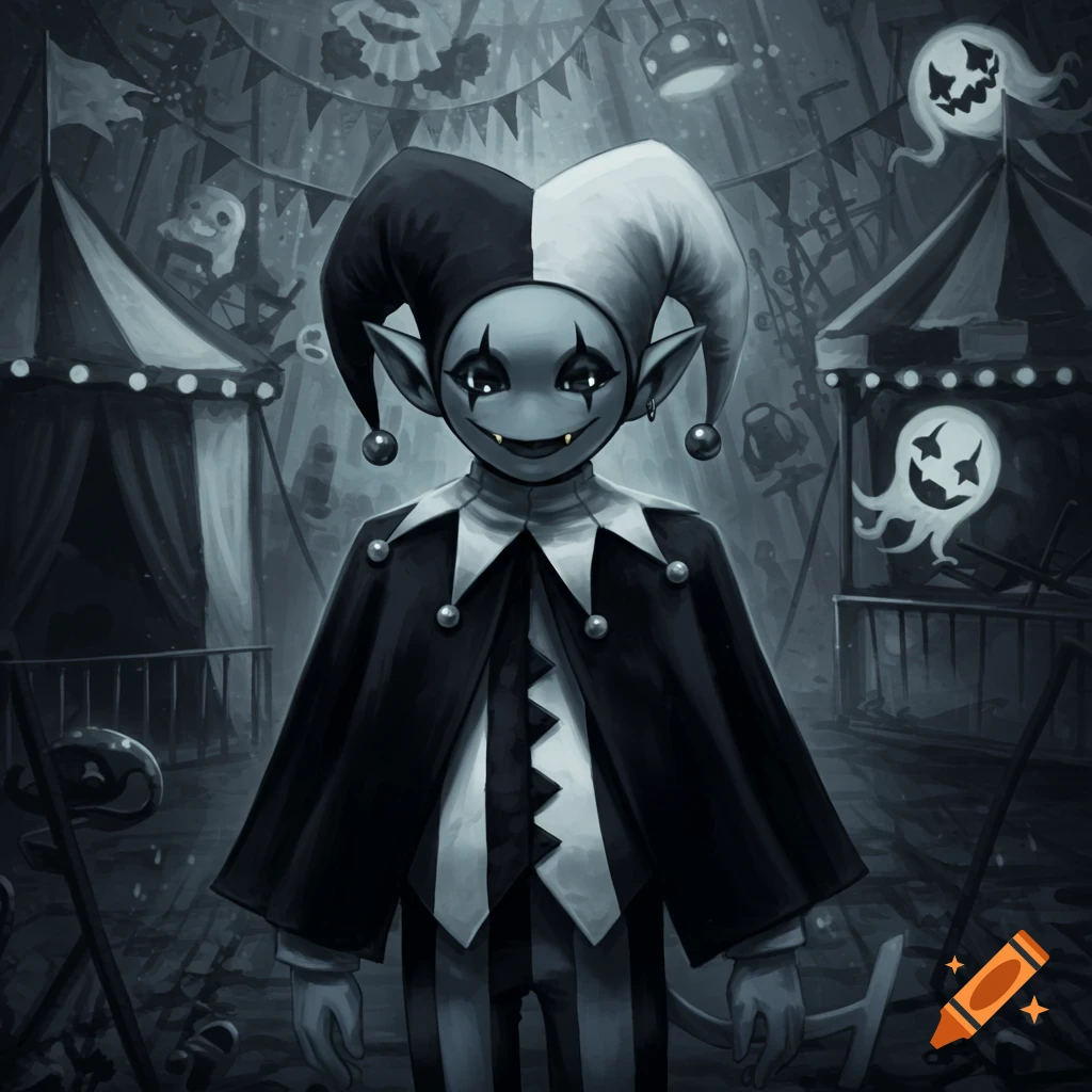 A black and white illustration of a creepy jester-like character with fangs and glowing eyes, standing in a dark carnival.
