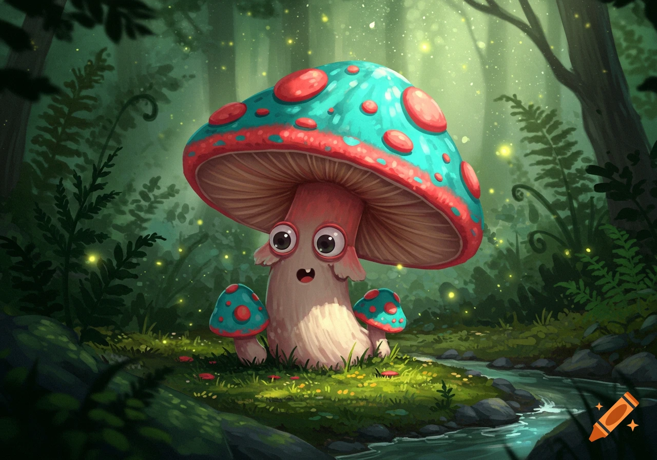 A cute, cartoon mushroom family with big eyes in a whimsical, glowing forest with a stream, illustrated style.