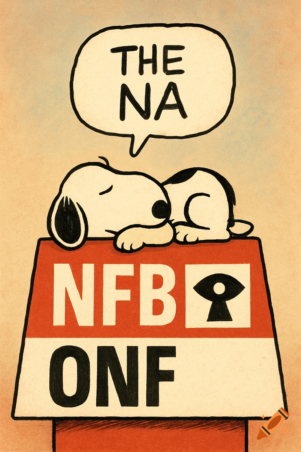 Snoopy sleeping on a red and white NFB/ONF logo, with a speech bubble saying "THE NA". Cartoon style.