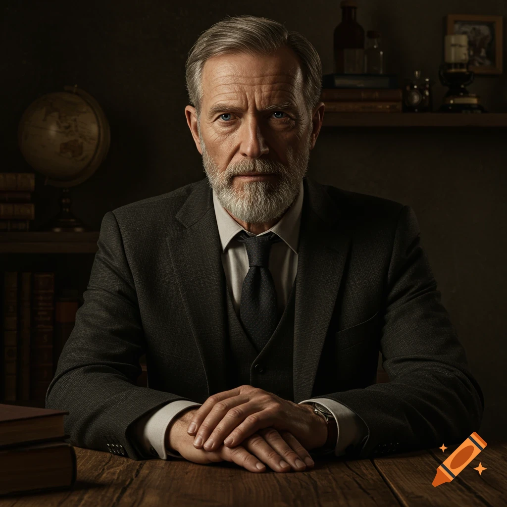 Photorealistic portrait of a distinguished older man with a gray beard and suit, seated at a wooden desk with a globe and books.