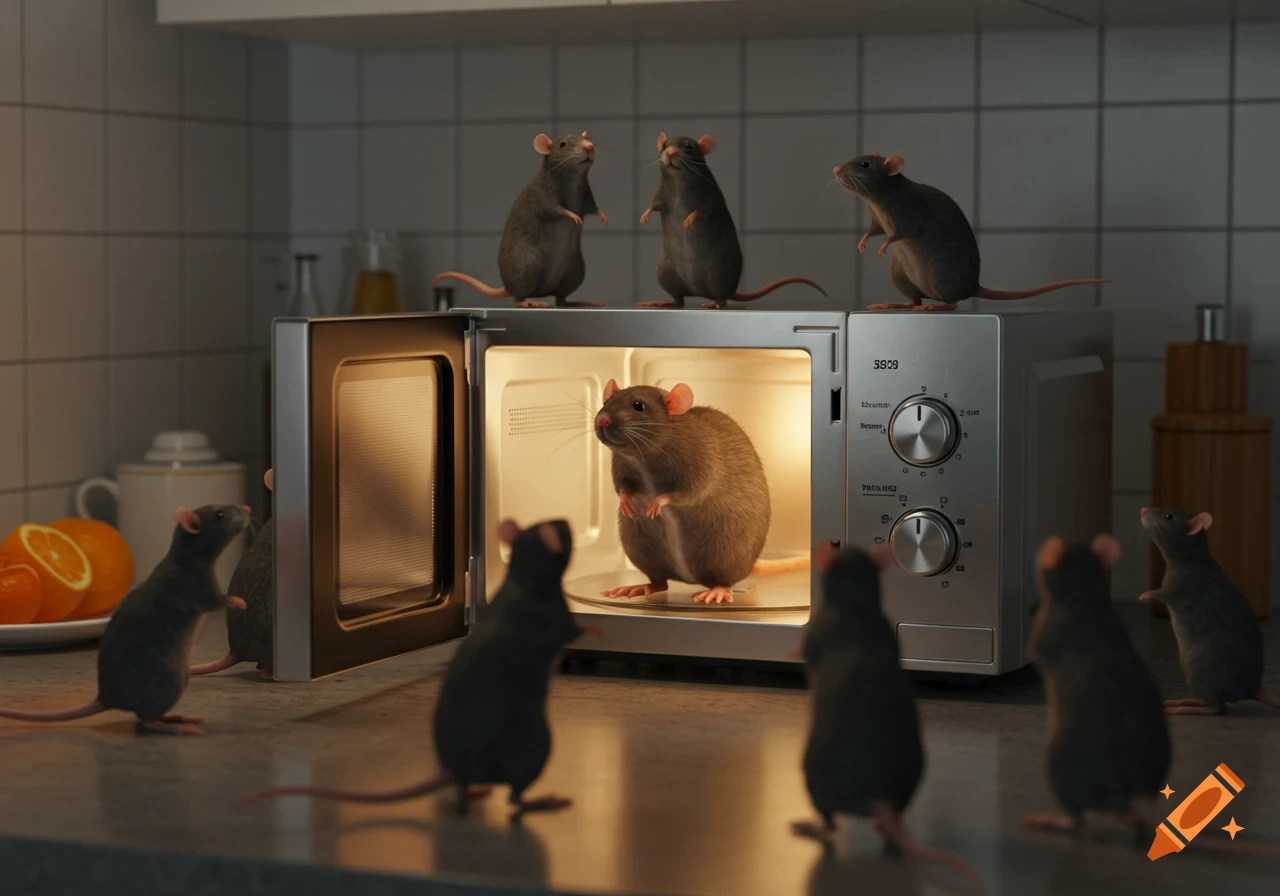 Realistic image of several rats in a kitchen, with one large rat inside an open microwave and others on and around it.