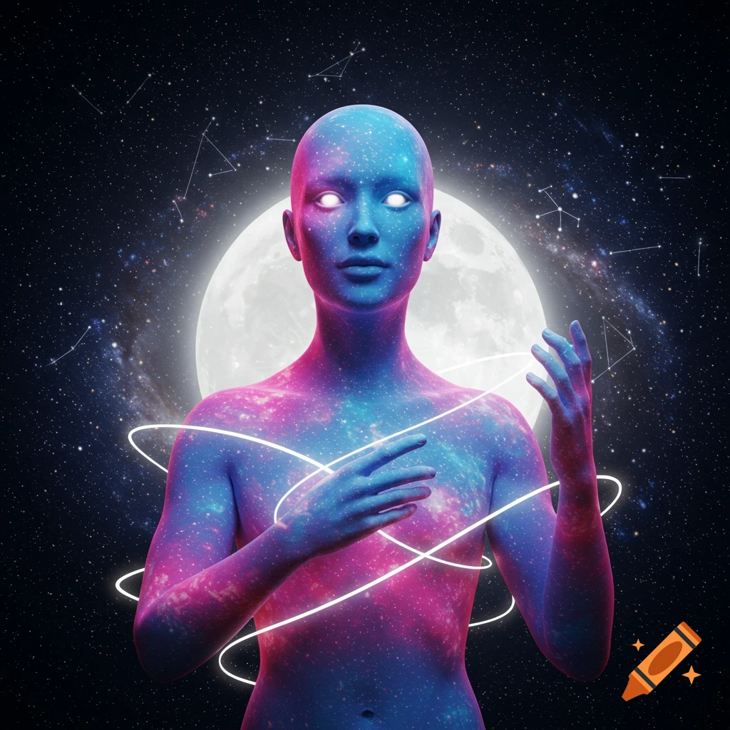A cosmic figure with glowing white eyes, composed of swirling blue and pink nebulae, stands before a large full moon and a starry night sky with white orbiting light rings.