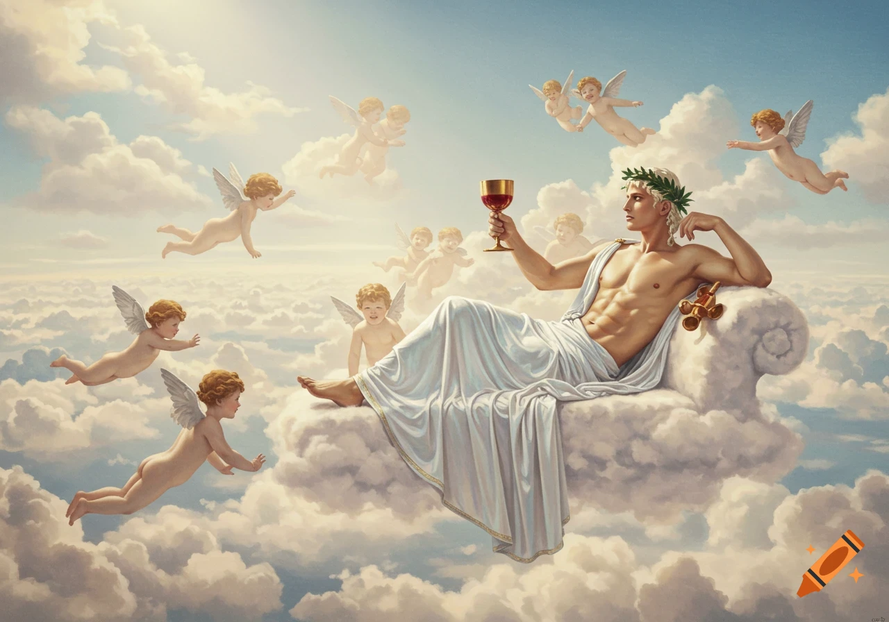Muscular Greek god-like man reclines on a cloud, holding a wine goblet, surrounded by flying cherubs in classical art style.