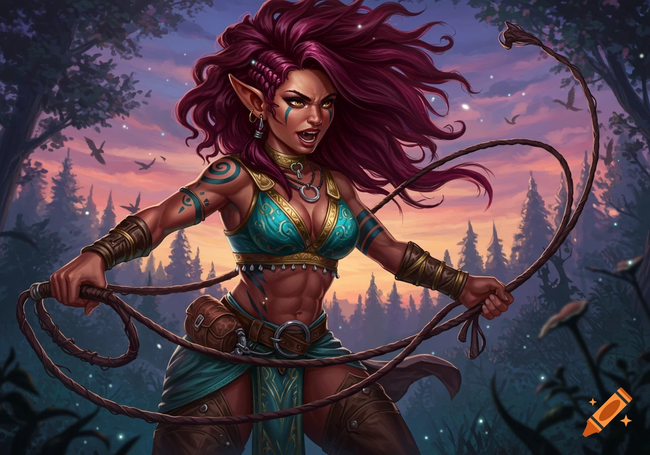 A fierce, dark-skinned elf-like woman with maroon hair and tribal tattoos, holding a whip in a fantasy forest at sunset.