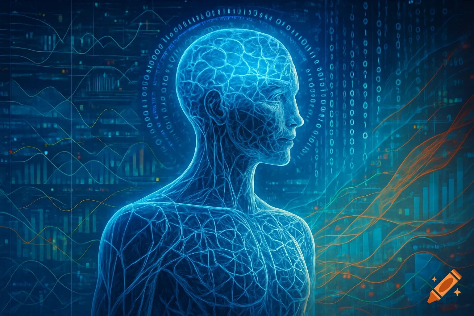 A glowing blue futuristic human figure made of neural network lines, against a dark blue background with binary code and data graphs.