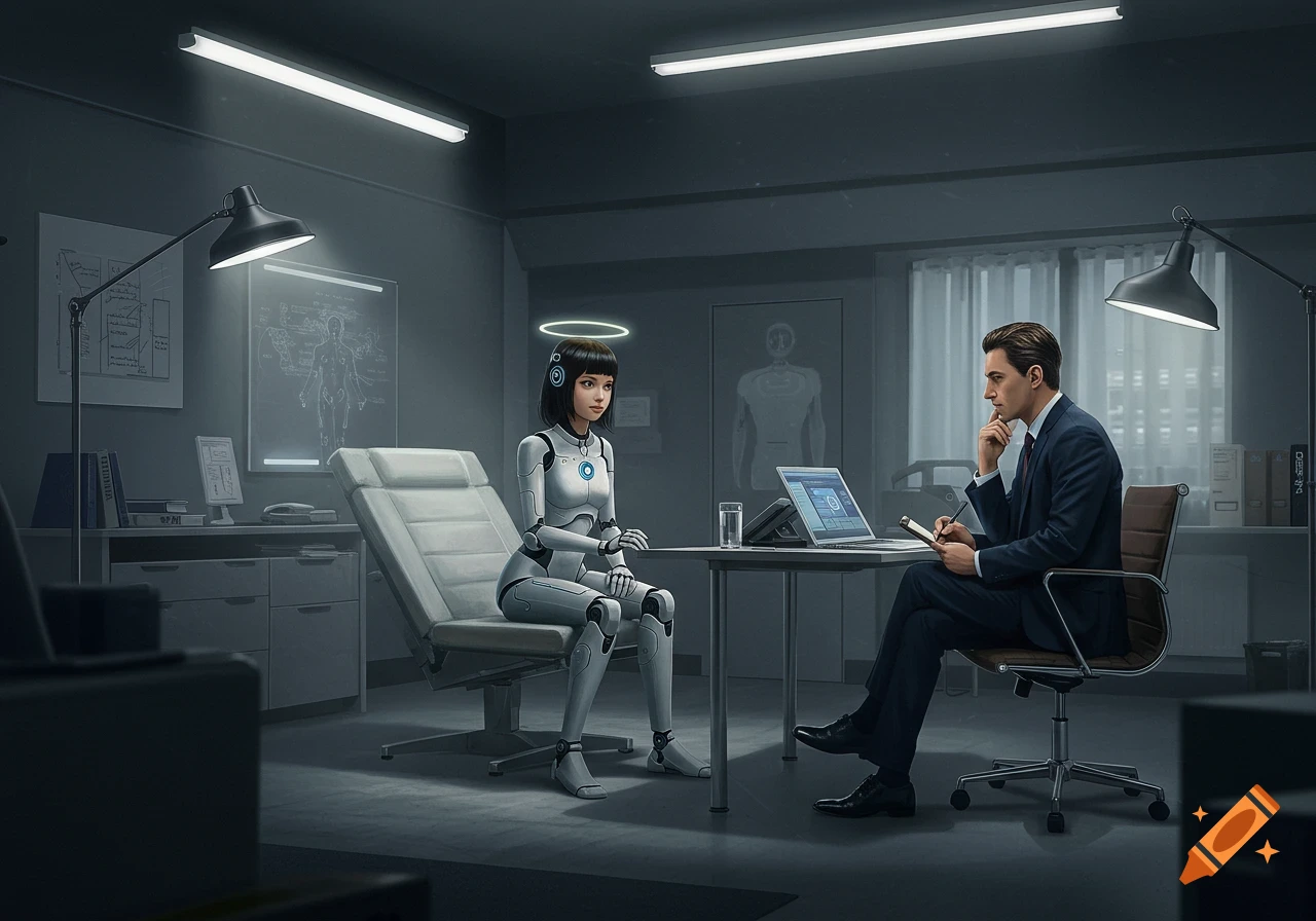 A robot woman with a halo sits opposite a man taking notes at a table in a futuristic, dimly lit office.