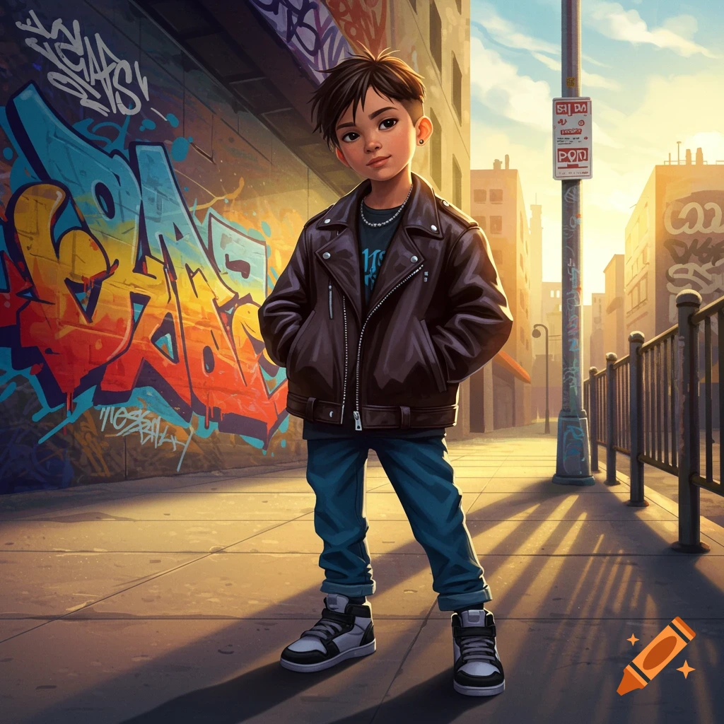A cool cartoonish child wearing a brown leather jacket and jeans stands in a street with graffiti-covered walls and buildings, bathed in golden sunlight.