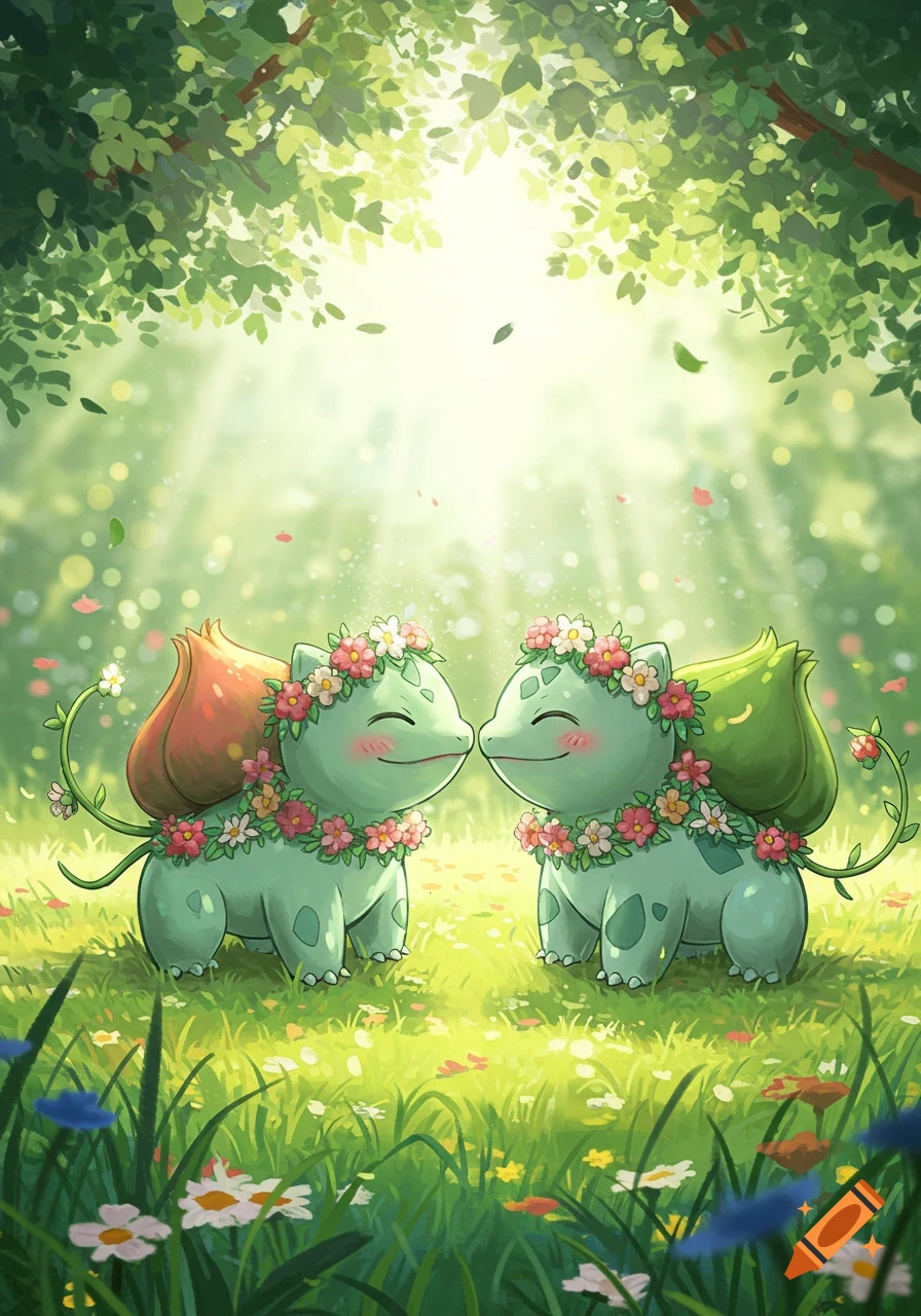 Two cute Bulbasaur-like creatures with flower crowns nuzzle in a sun-dappled green forest, whimsical illustration.