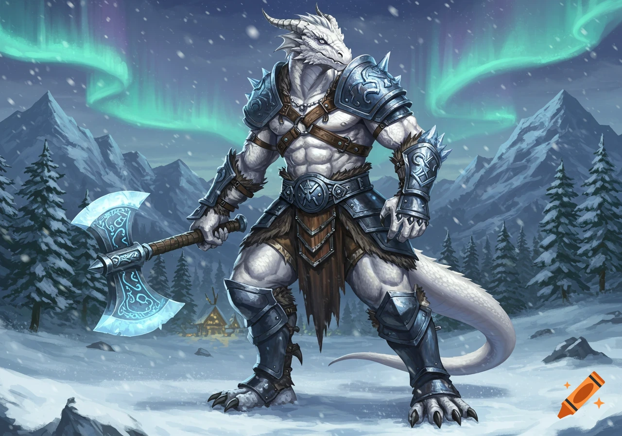 A powerful white Dragonborn barbarian in ornate armor holds a glowing axe in a snowy mountain landscape with an aurora borealis.